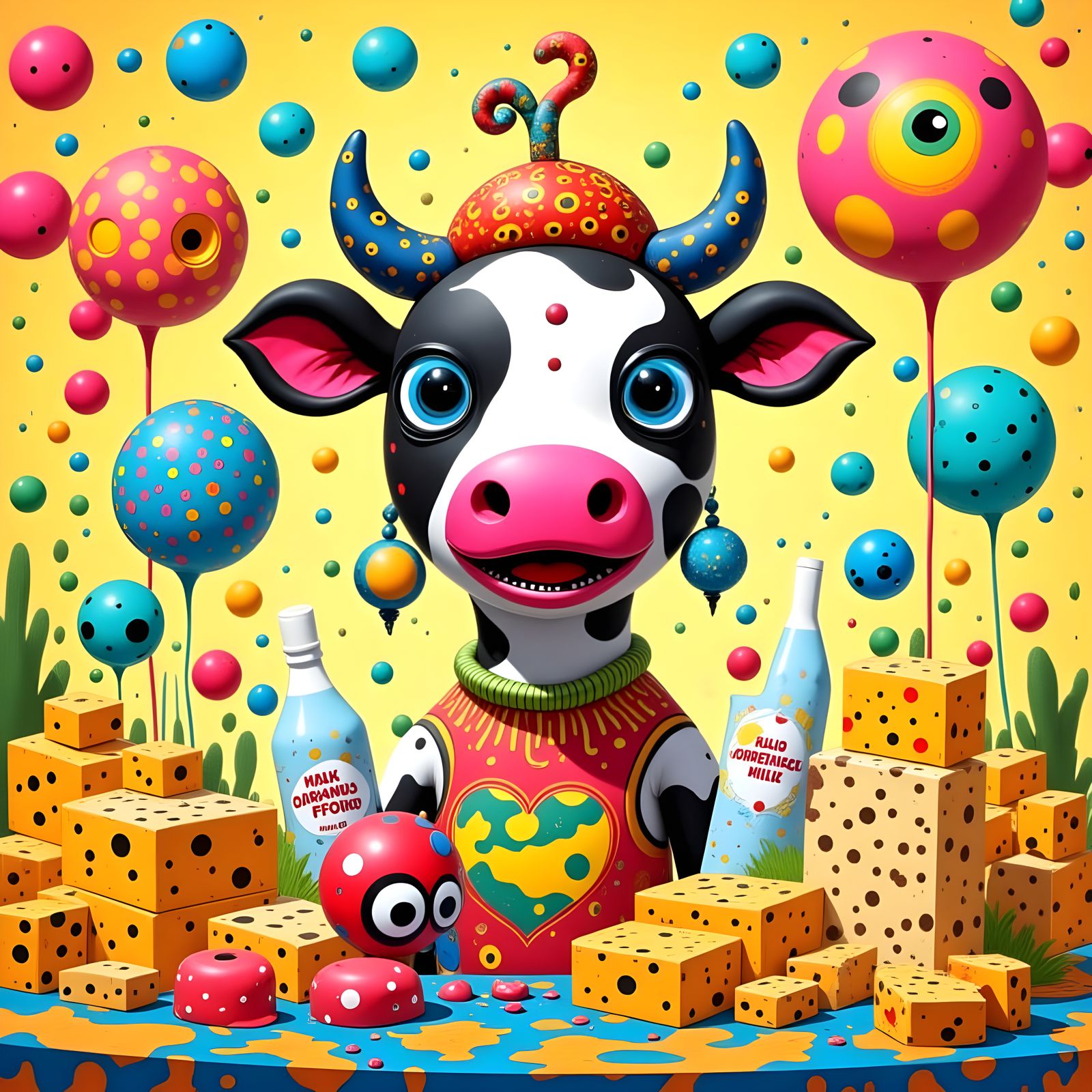 Funny Cartoon Cow Selling Cheese at Fair