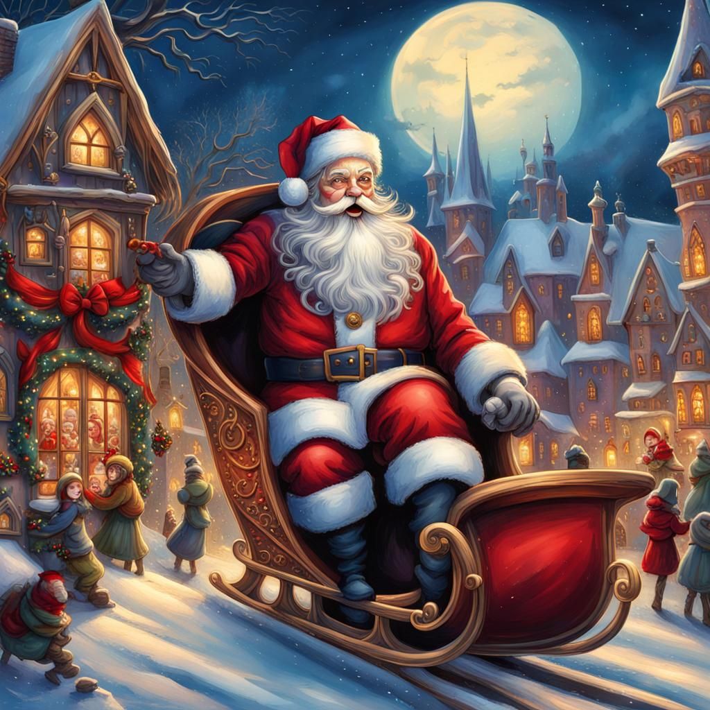 A postcard featuring a striking illustration of Santa Claus in a gothic style in a festive village