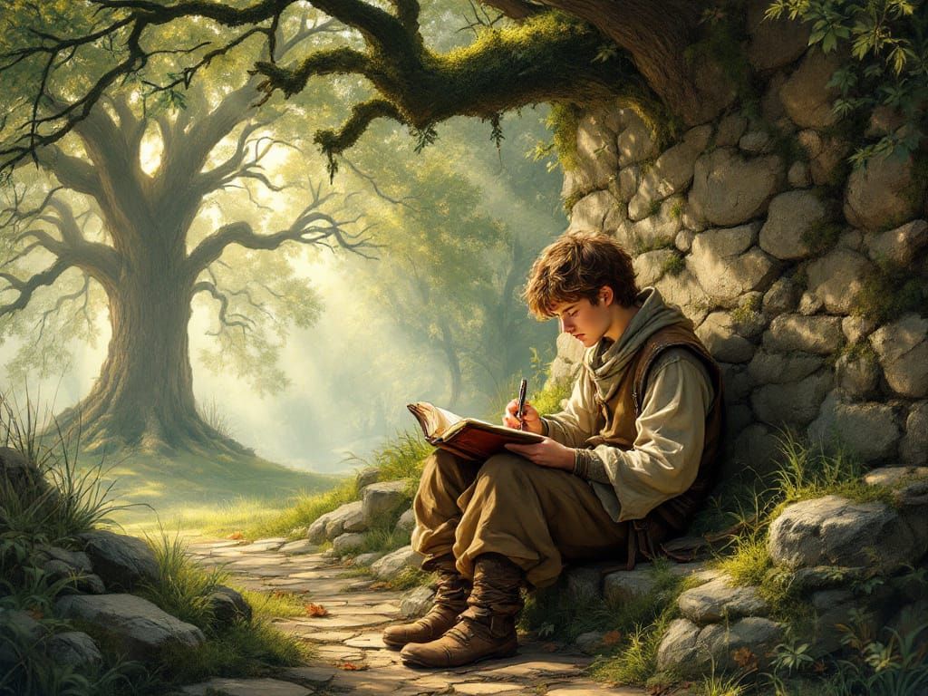 Medieval Boy Sketching by Mossy Wall in Golden Sunlight