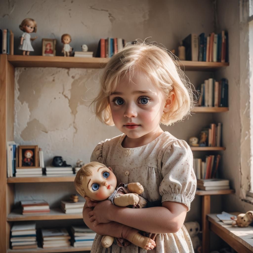 Small Girl with Doll in Dusty Room
