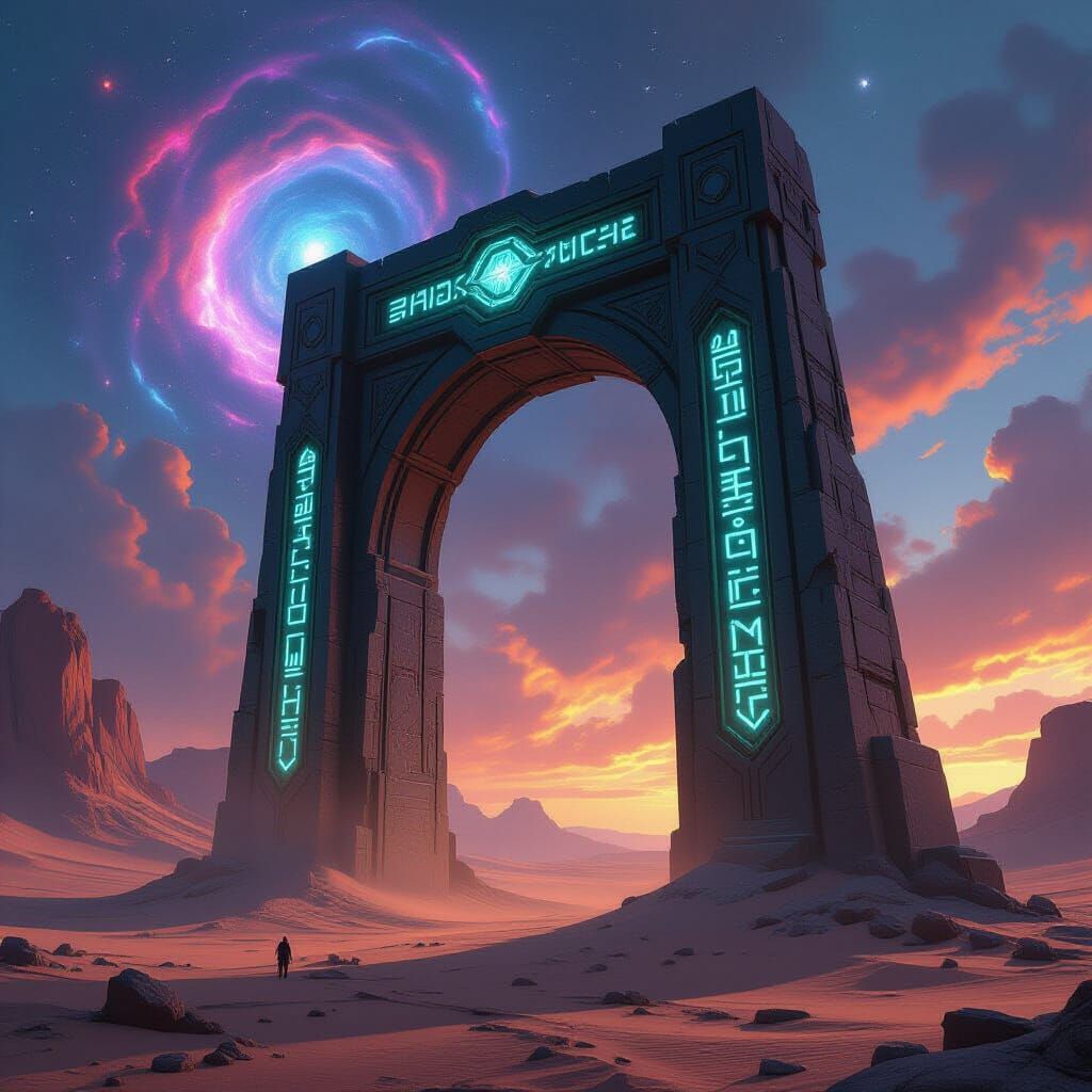Obsidian Archway in Alien Desert with Nebulae Sky