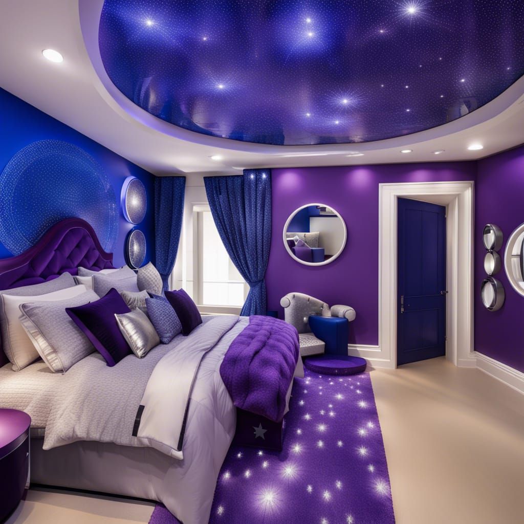 Starlight bedroom with Star light ceiling with Star lights hiding from the ceiling& cobalt blue walls& Circular silver w...