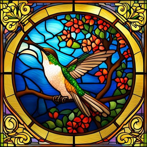 Hummingbird in Art Nouveau Stained Glass Style