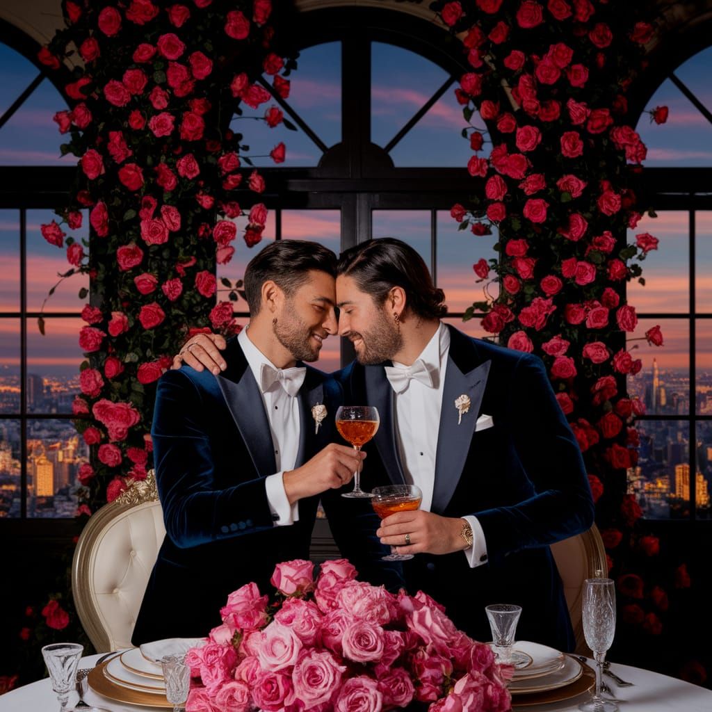 Romantic Embrace of Two Men in Tuxedos