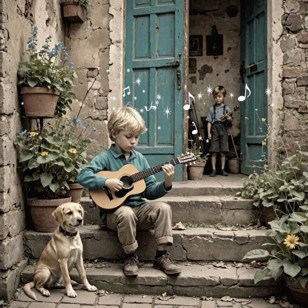 Boy Plays Violin by Rusty Door with Wild Plants