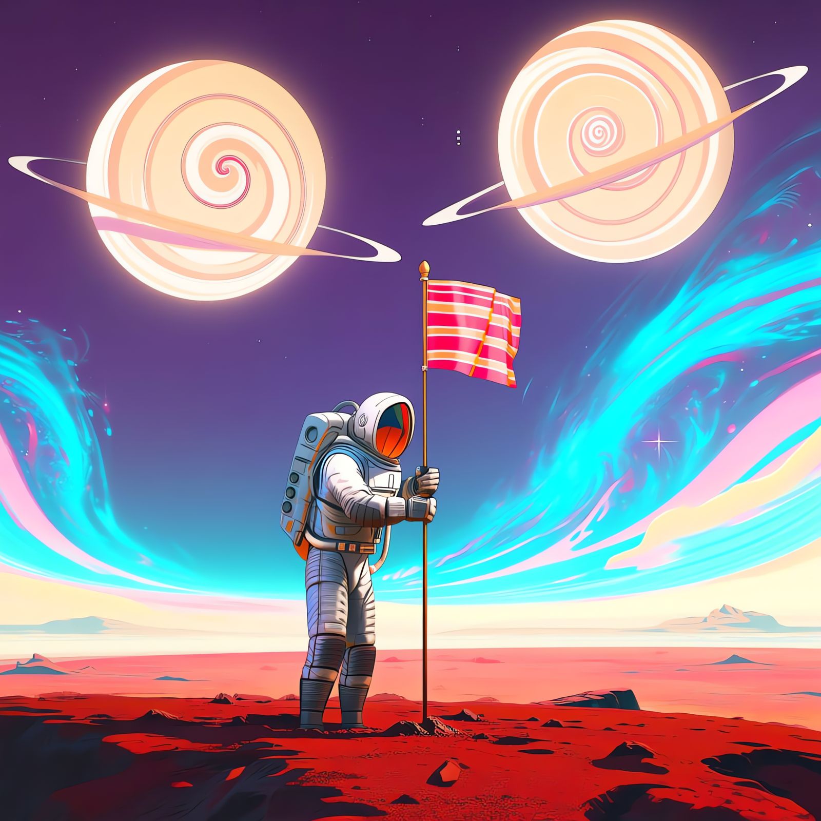 Astronaut Plants Flag on Crimson Planet Under Candy Moons