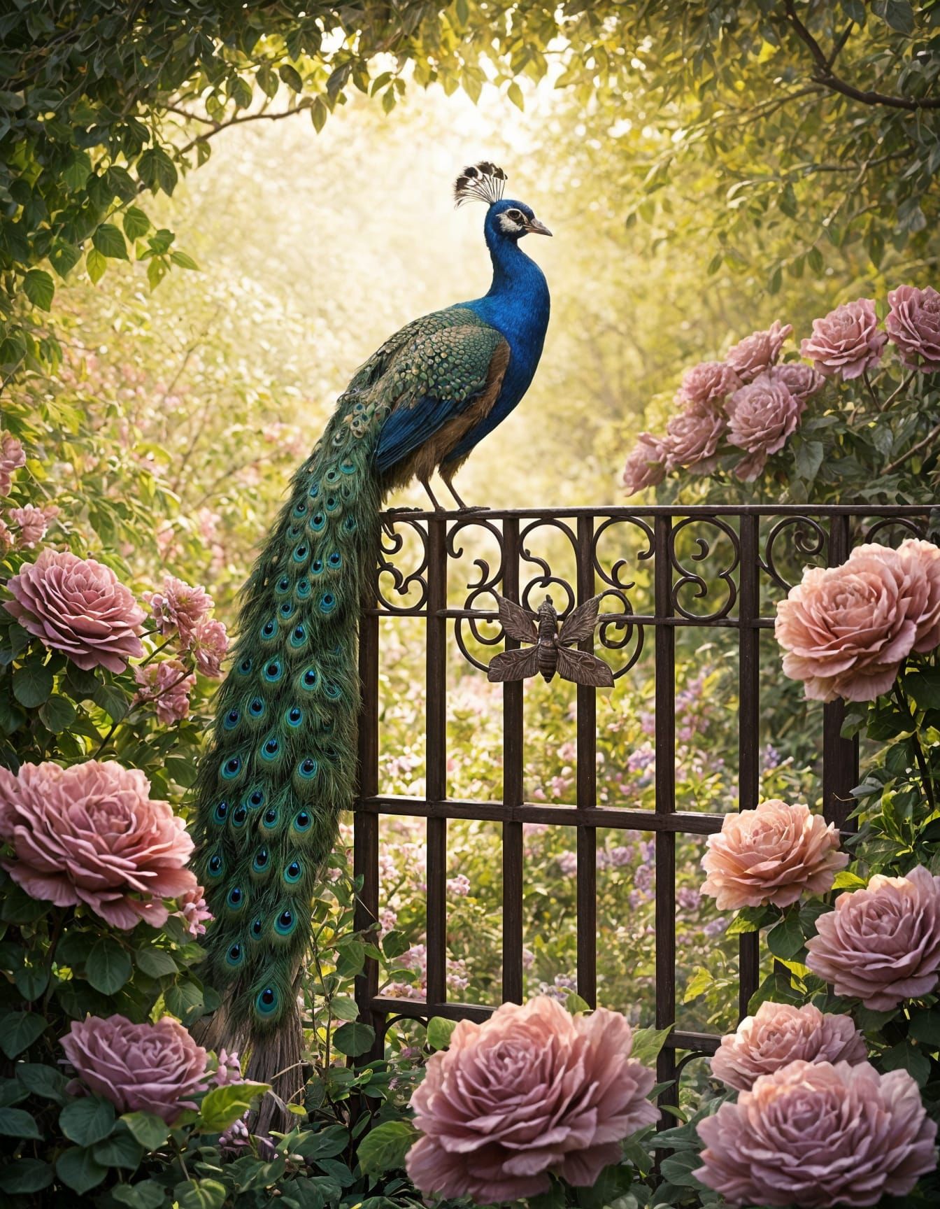 Vibrant Peacock in a Serene Spring Garden