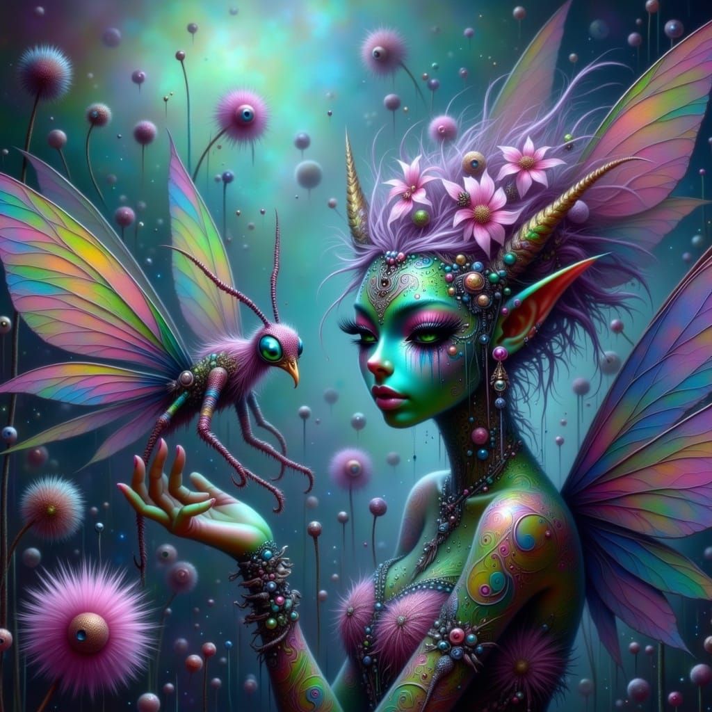 Surreal Alien World with Iridescent Mantis Creatures and Swi...