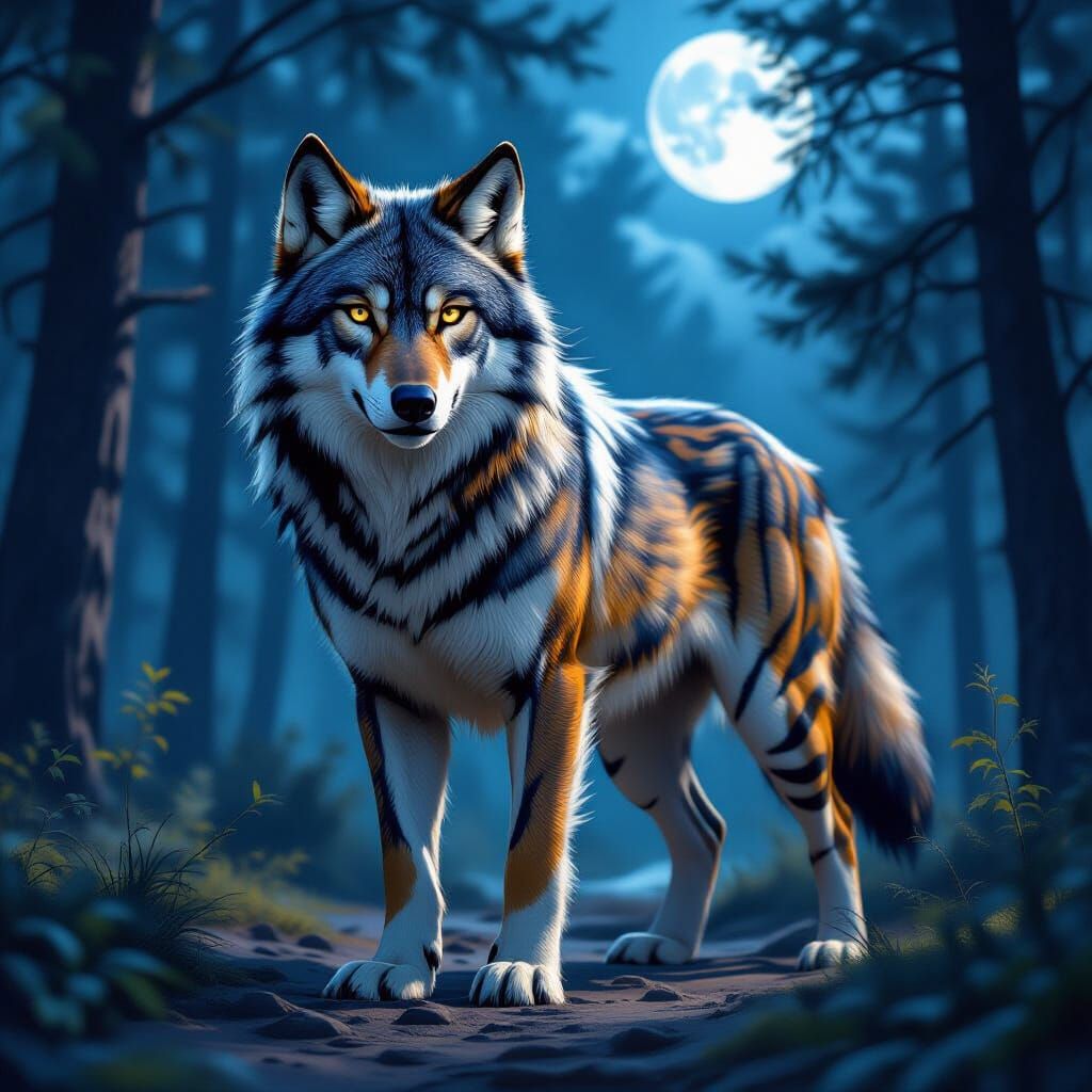 Majestic Wolf-Tiger Hybrid in Moonlit Forest