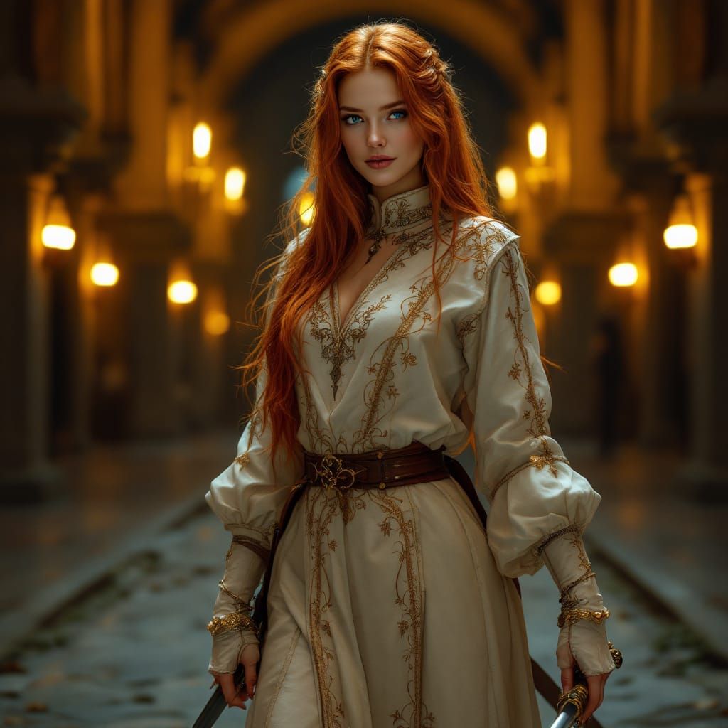 Renaissance Duelist in Mucha-Inspired Art Nouveau Style