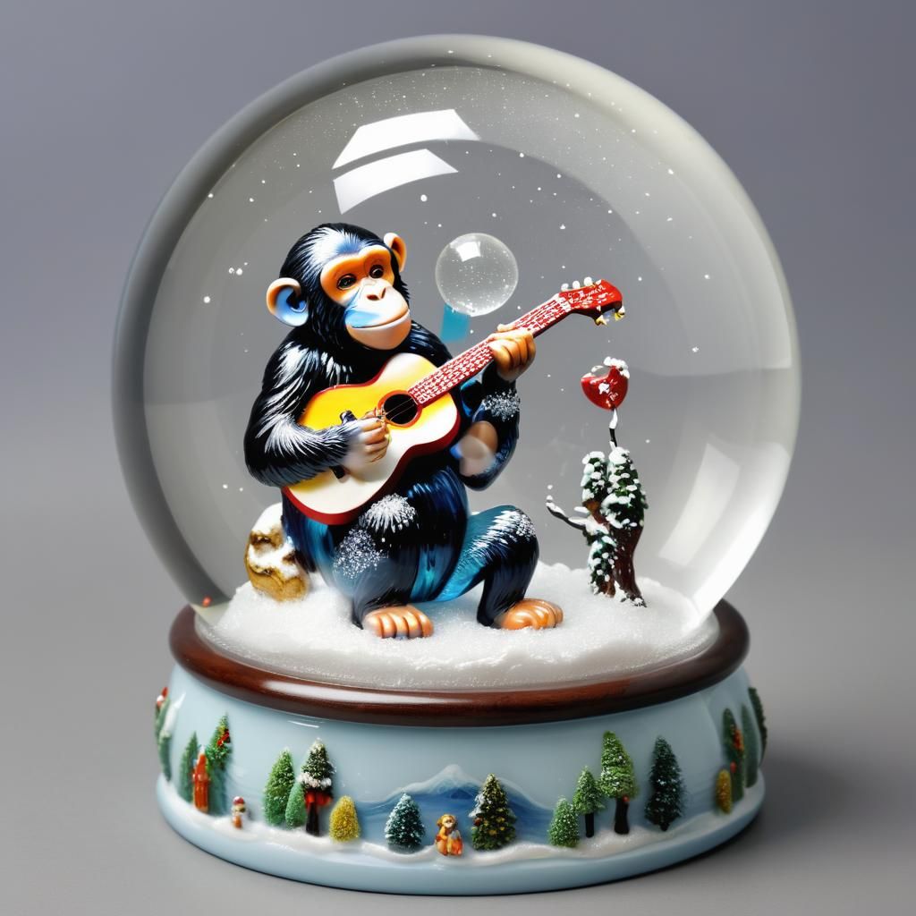 glass art.  snow globe.  chimpanzee singing and playing guit...