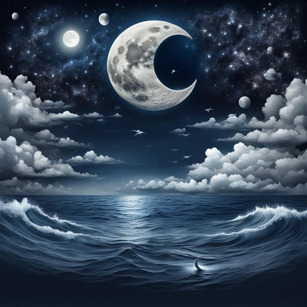 Sea and Moon's Cosmic Love: A Surreal Vision