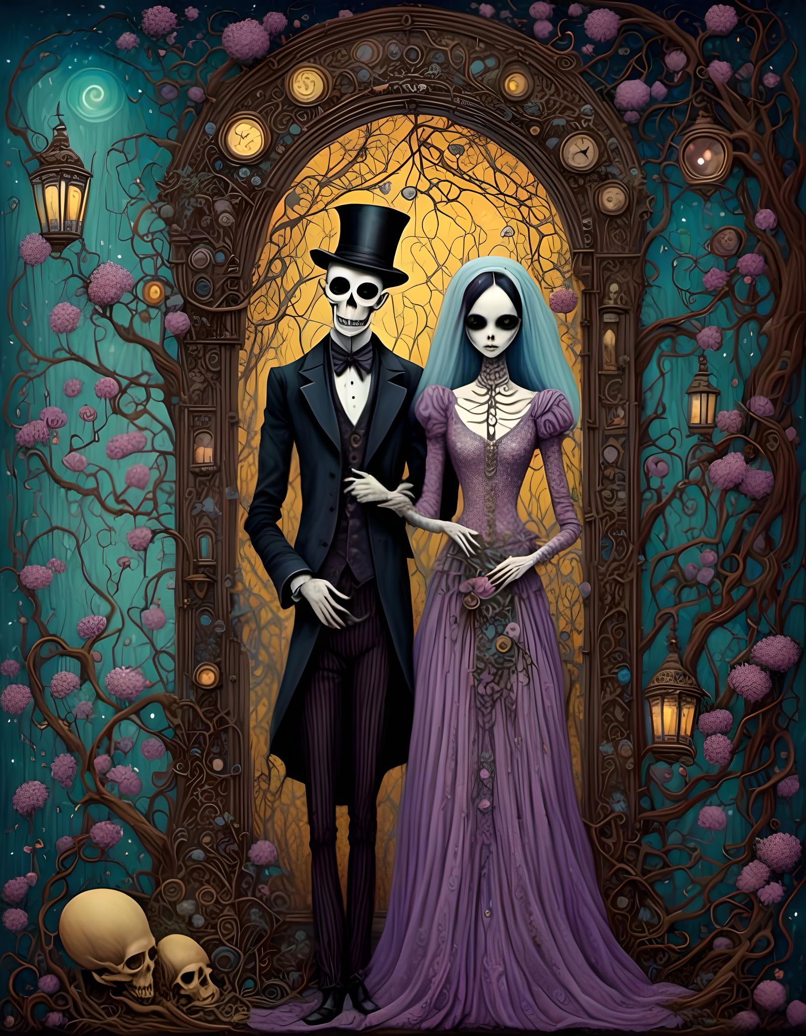 Steampunk Nosferatu and Bride in Victorian Era, Cubist Style