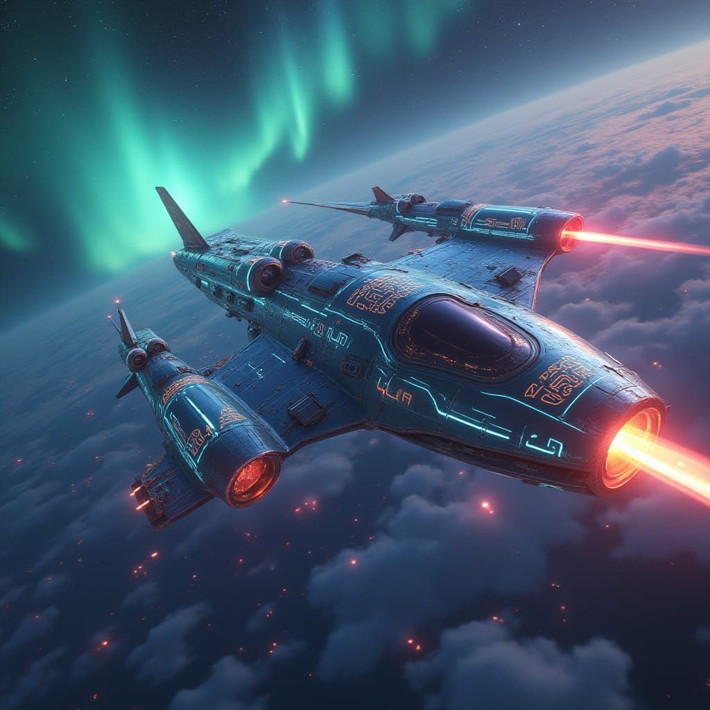 High tech starship skimming the cosmic waves