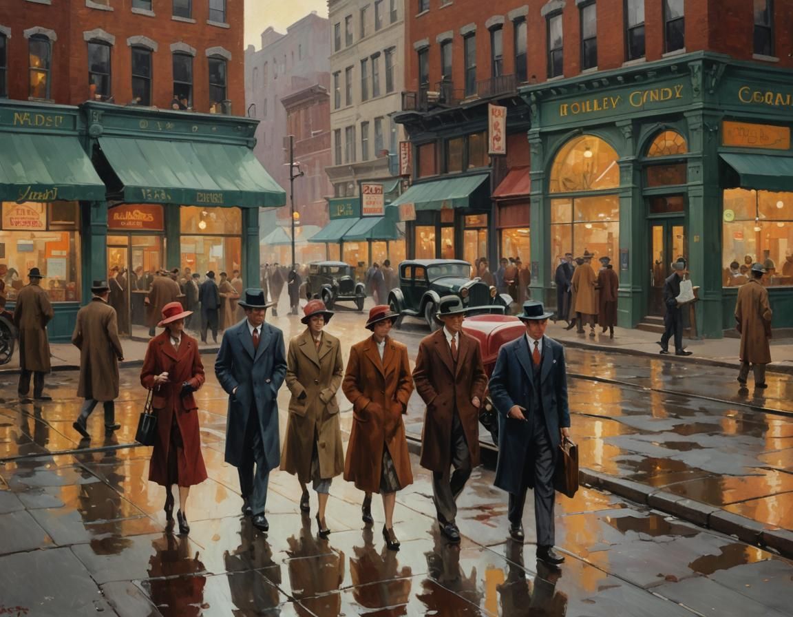 1920s City Street Scene as Oil Painting