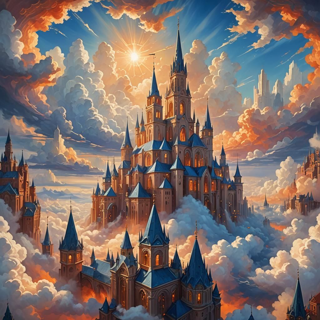 Fantastical Cityscape in Clouds at Sunset: Digital Art