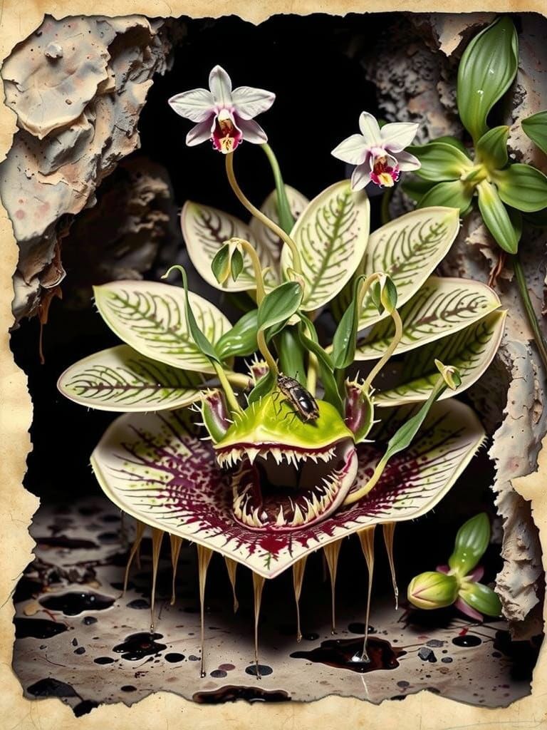 Epic Polaroid Photograph of a Carnivorous Plant in a Mushroo...