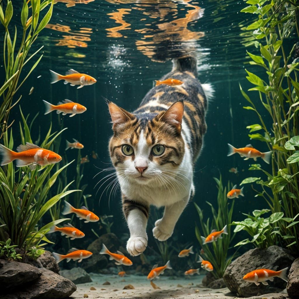 Curious Calico Cat's Underwater Koi Fish Adventure