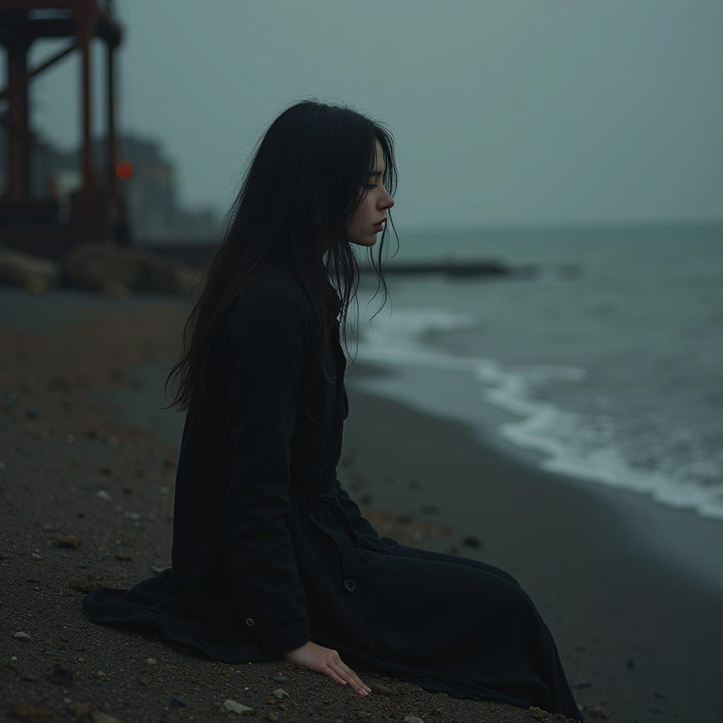 Sad Girl on Beach in Whimsical Rusting Painting Style