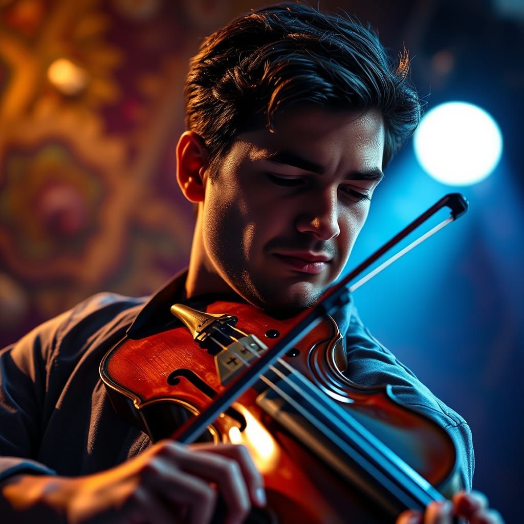 Hyperrealistic Violinist on Stage with Dramatic Lighting