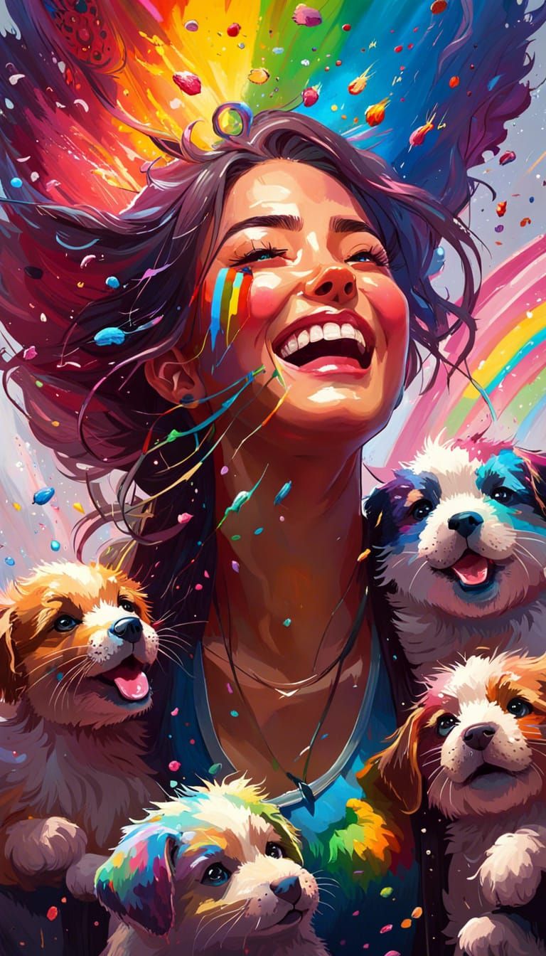 Joyful Woman with Puppies in Impasto Anime Style