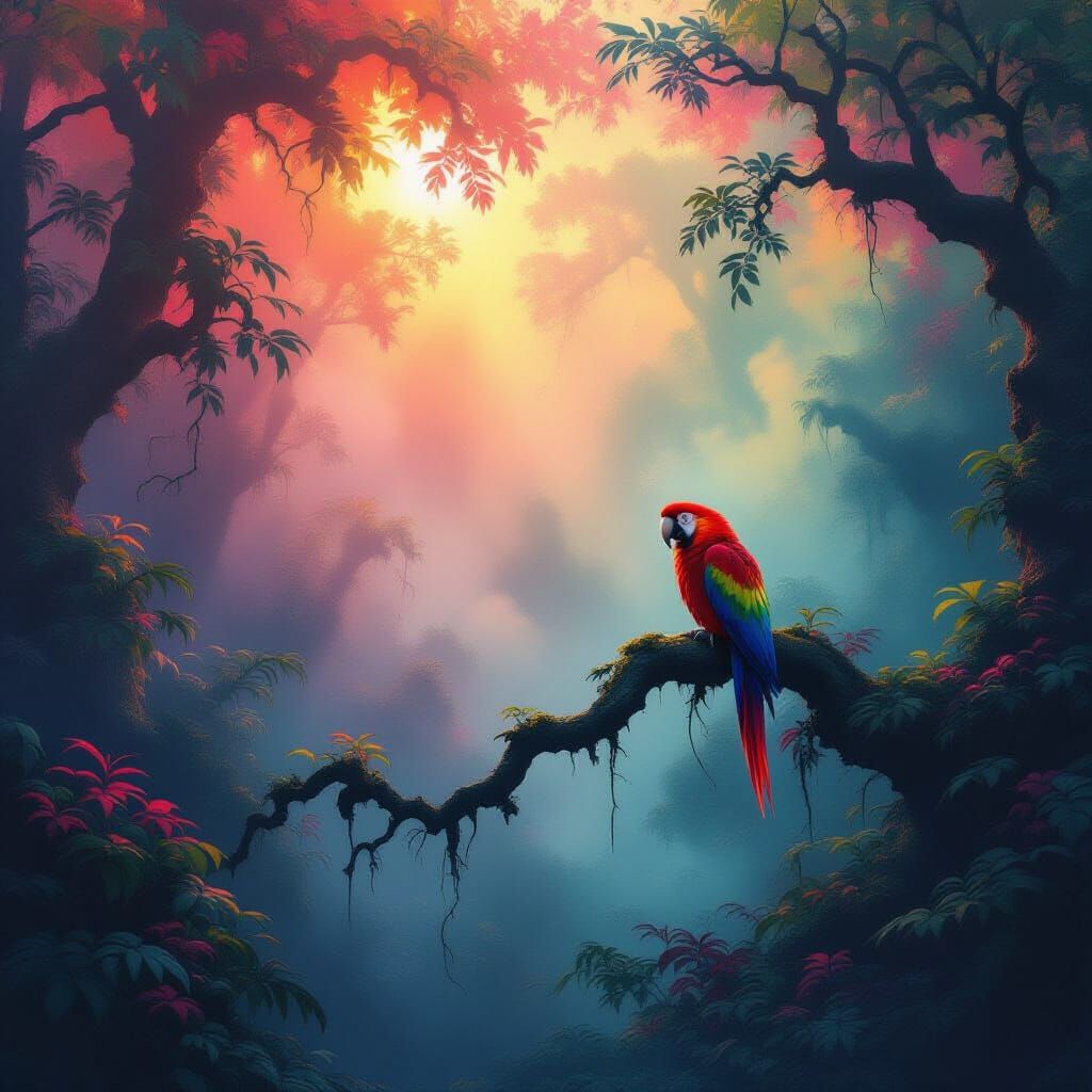 Vivid Parrot in Psychedelic Forest Fog