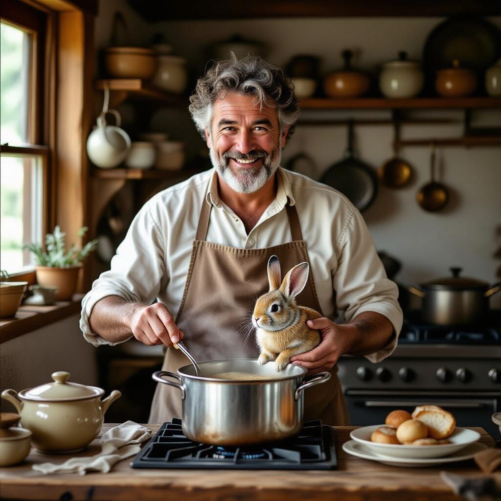 Sardinian Man and Bunny, Whimsical Rustic Kitchen Scene
