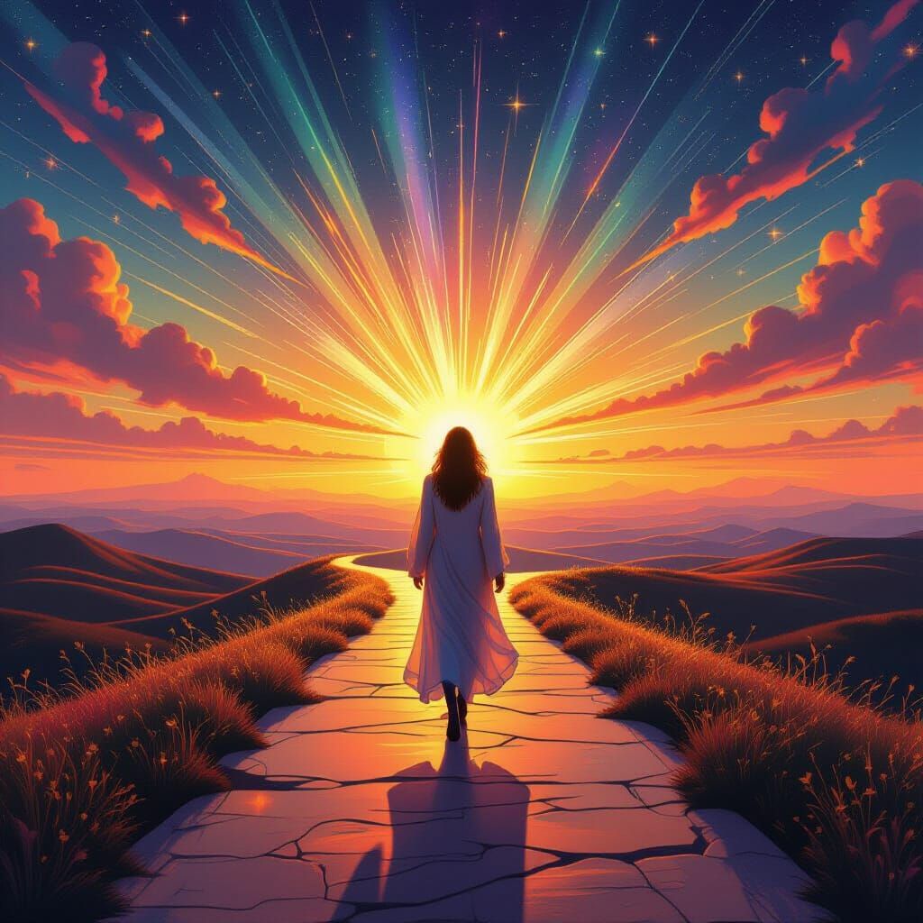 Radiant Figure Ascends Luminous Path in Golden Hour Glow