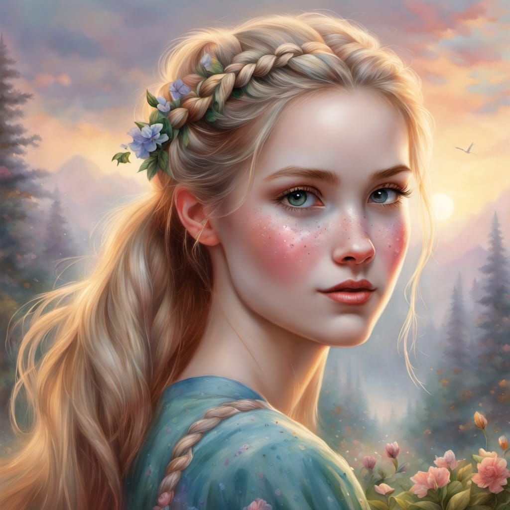 Pretty Woman with Freckles, Blonde Hair, Green-Blue Eyes