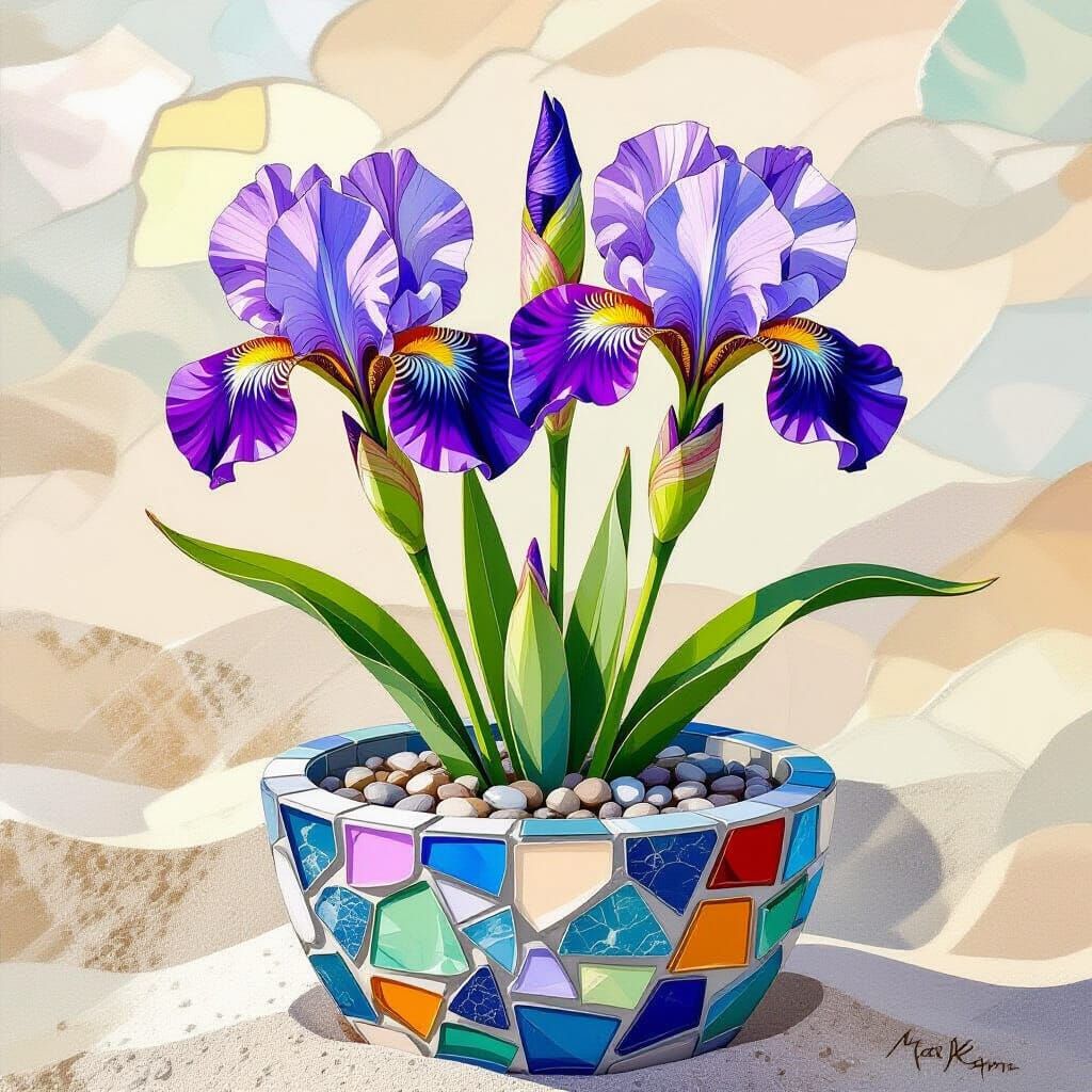 Sea Glass Iris Blooms in Mosaic Planter
