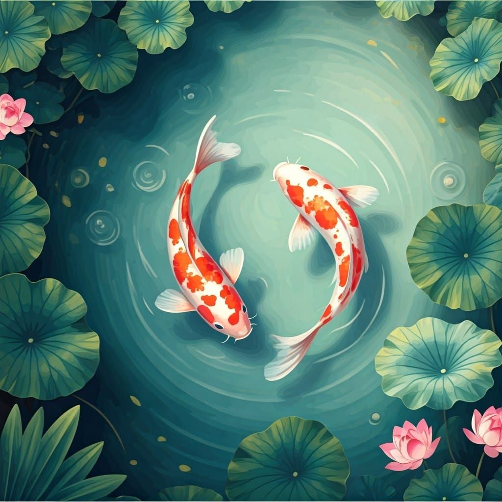 Dreamy Koi in a Serene Lotus Pond Scene, in Traditional Chin...
