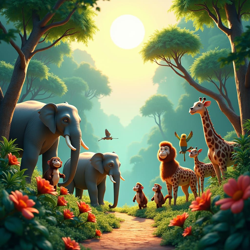 Harmonious Jungle Scene in Pixar-Style 3D Render
