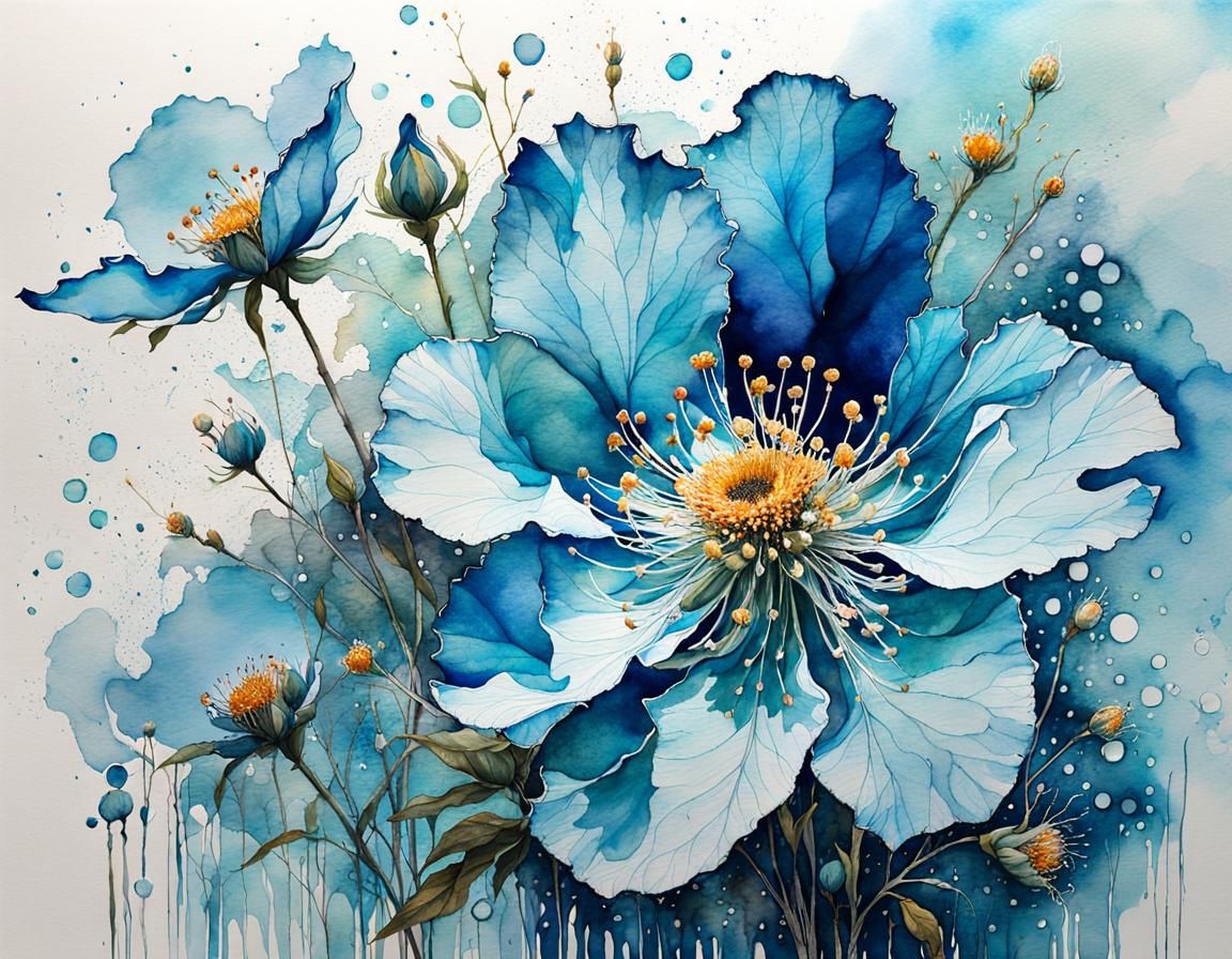 Mystical Blue Flower Blossoms in Watercolor Ink