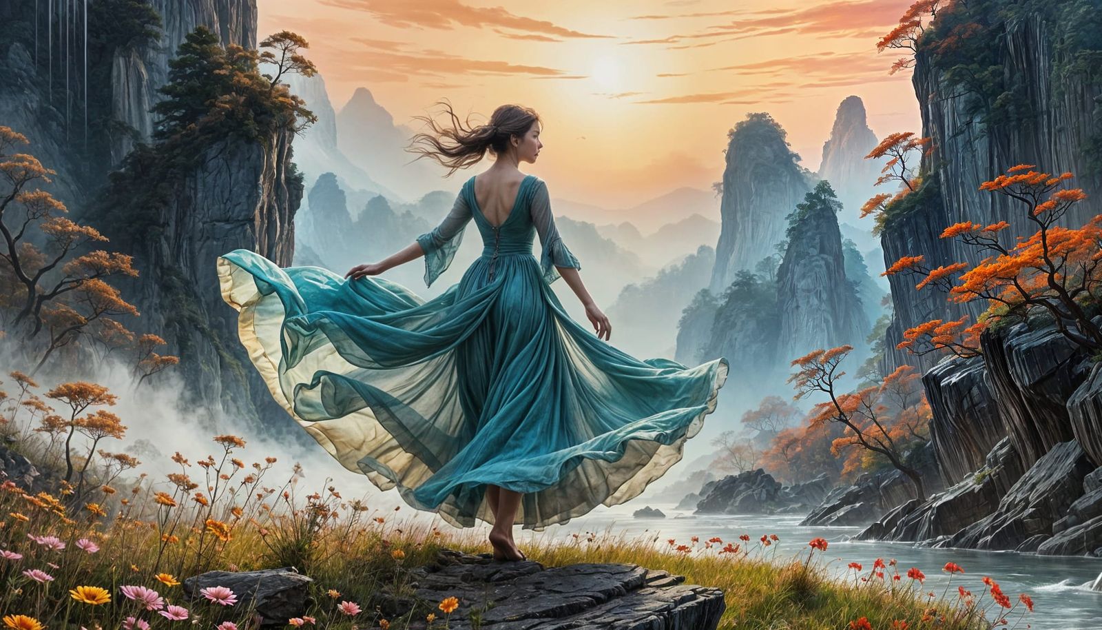 Whimsical Dance in Dreamlike Landscapes