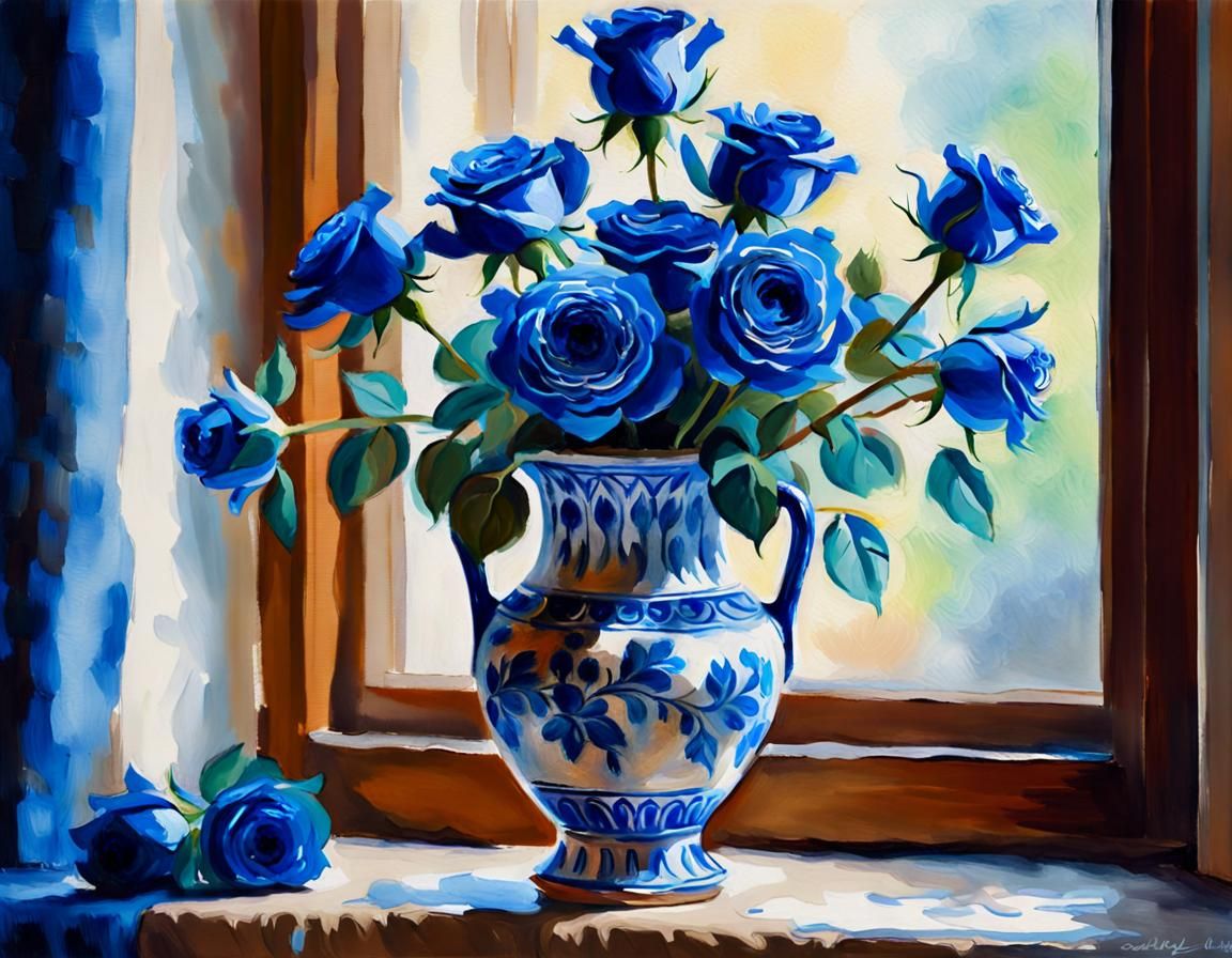 Impressionist Blue Roses in Roman Vase Still Life