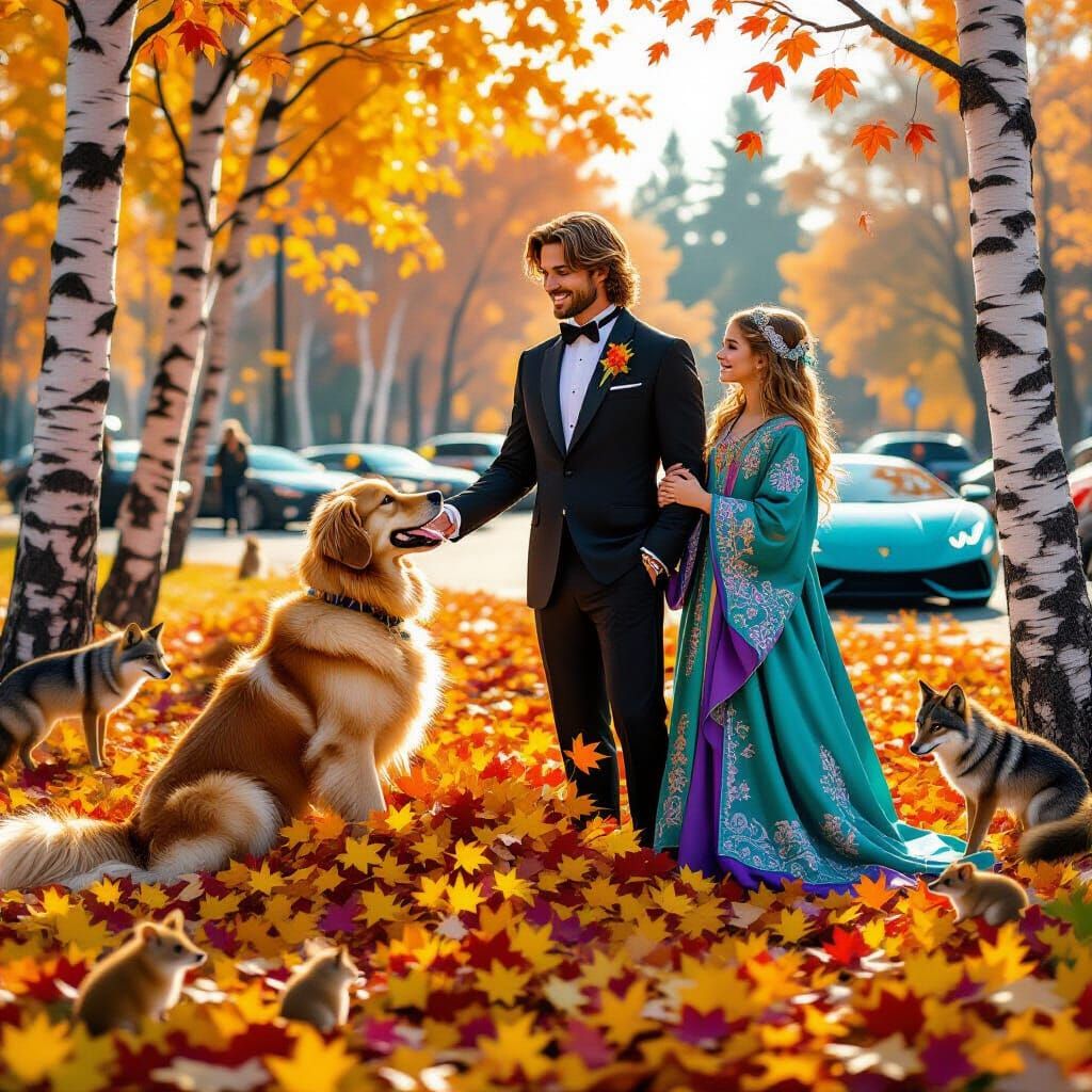 Golden Retriever in Autumn Leaves with Mystical Figures