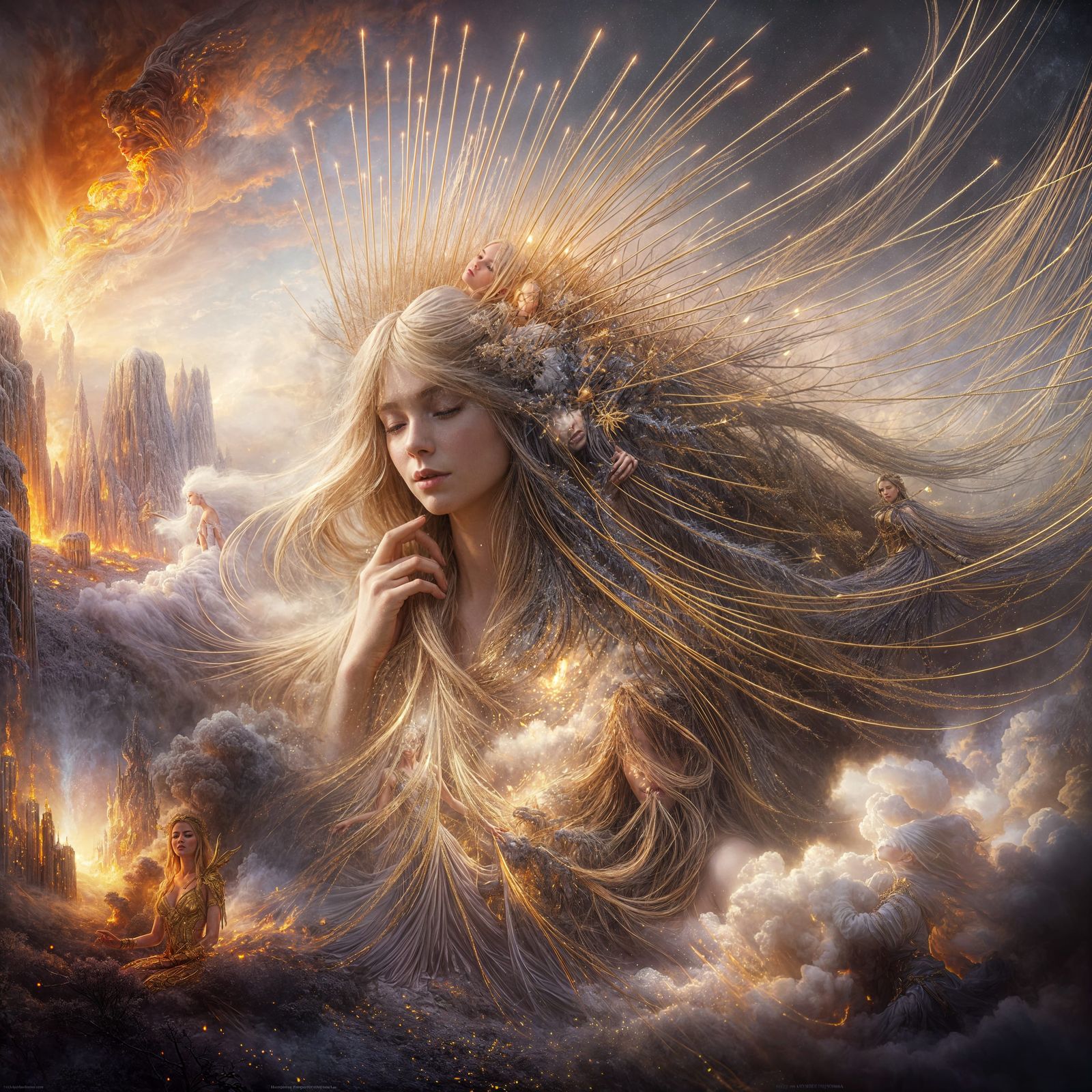 Ethereal Girl with Golden Needle Hair in Romanticism Style
