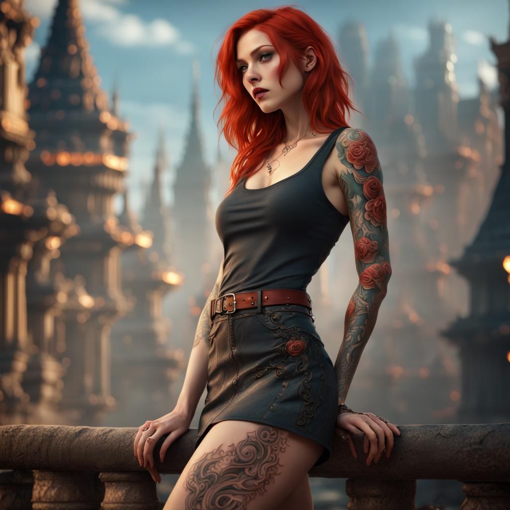 Redhead Girl with Tattoos: Detailed Fantasy Art