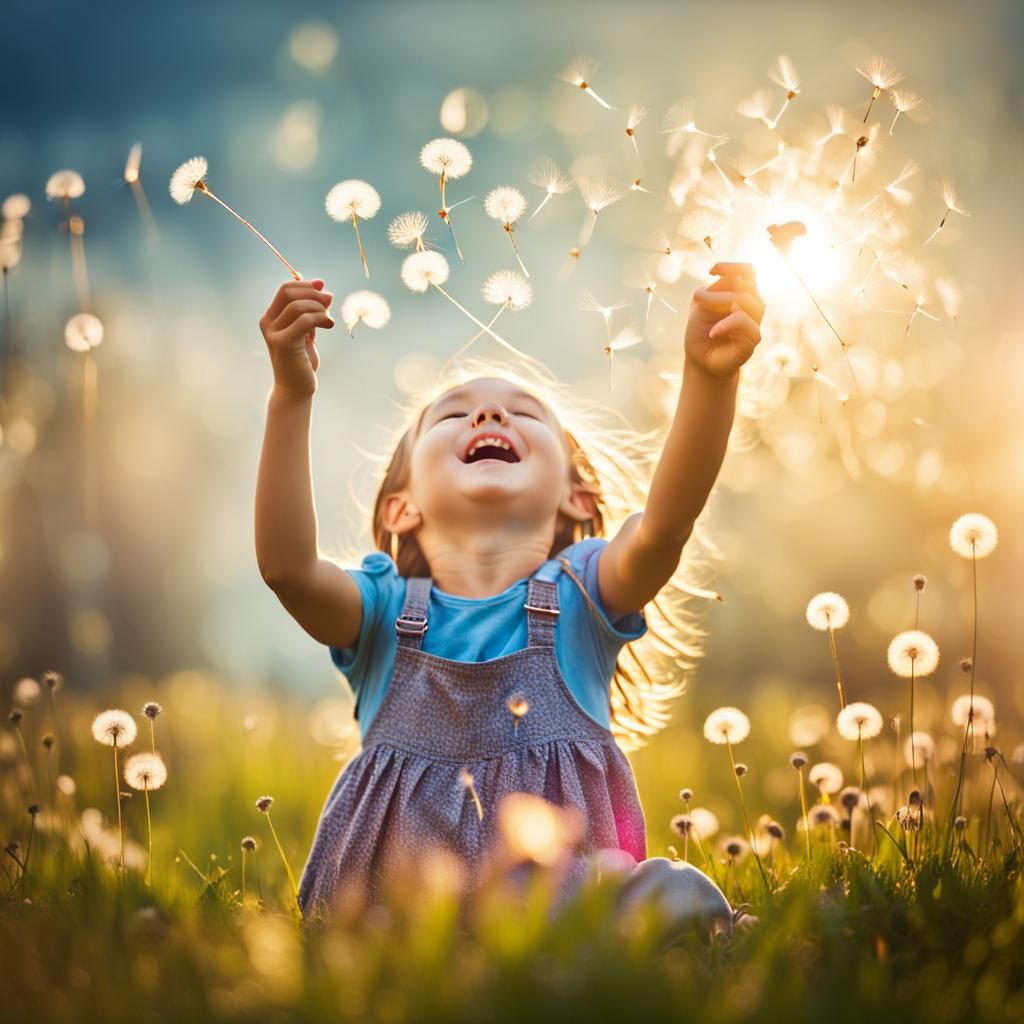 Girl Spreading Dandelion Seeds in Summer Breeze