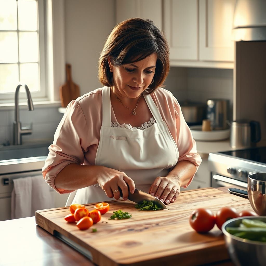 Woman Chops Vegetables in Warm Kitchen