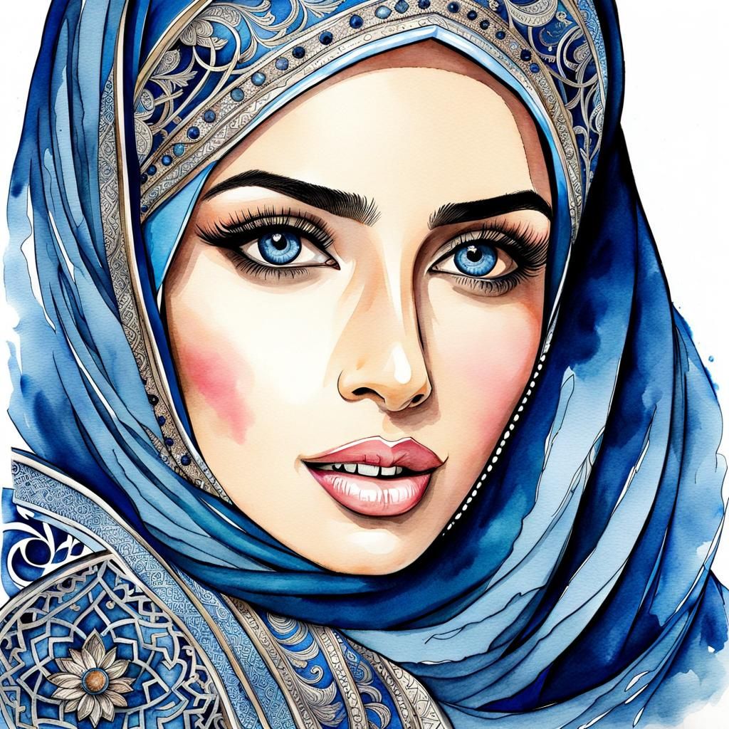 Beautiful Arabic Woman in Hijab: Watercolor Portrait