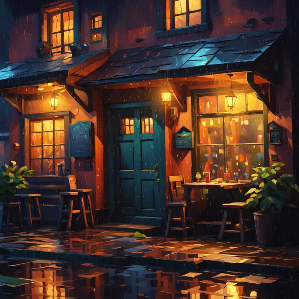 Man Enters Tavern on Rainy Night in Vibrant Oil Style
