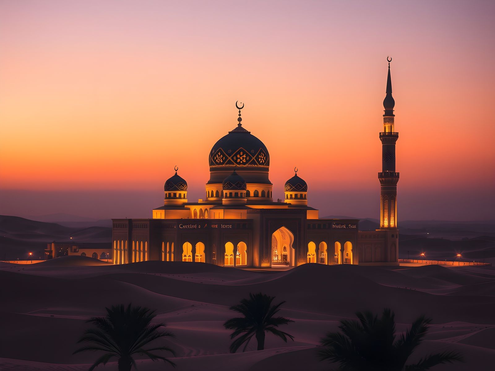 Serene Mosque in Desert Landscape at Dusk