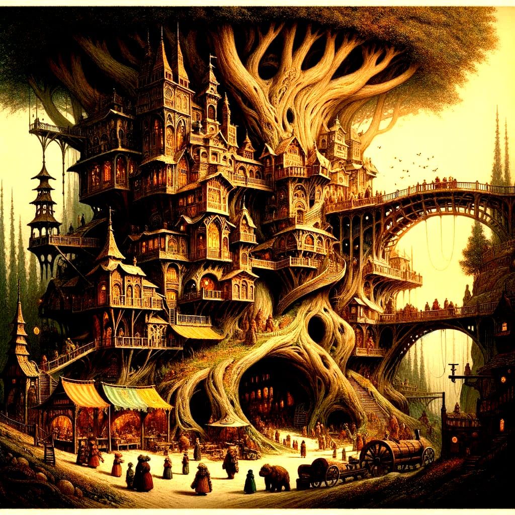 A bustling fantasy city built within the hollow of a giant, ...
