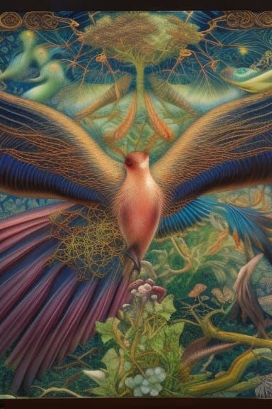 Surreal Mycelium Bird in Warped Forest Perspective