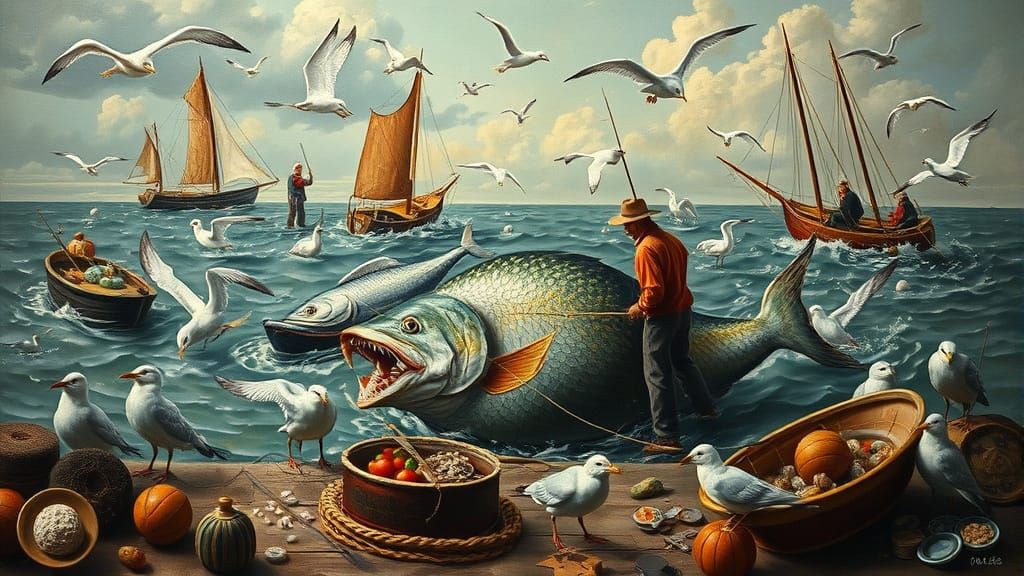 Surreal Fishing Chaos in Jan van Haasteren's Style