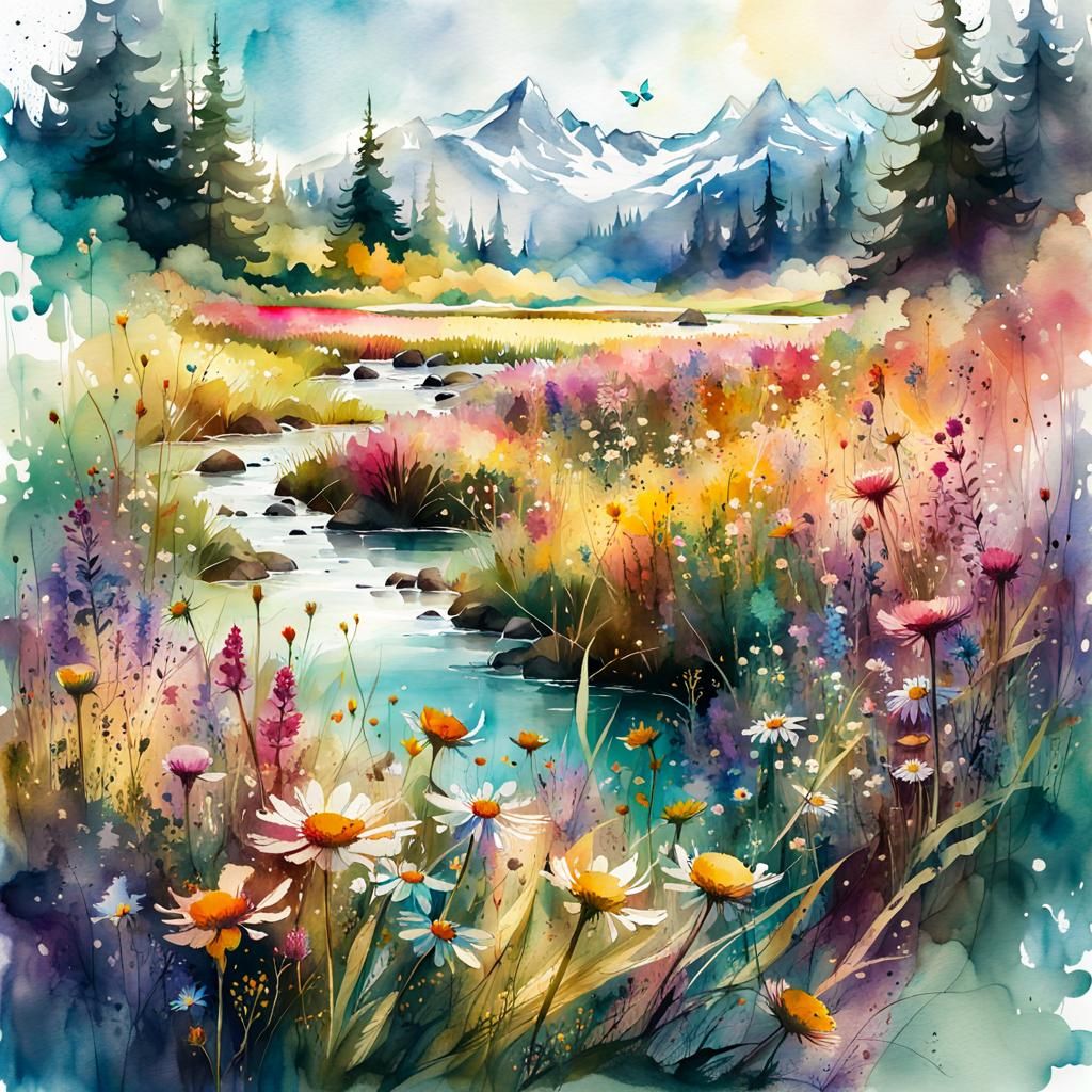 Fantasy Flower Meadow Watercolor Illustration