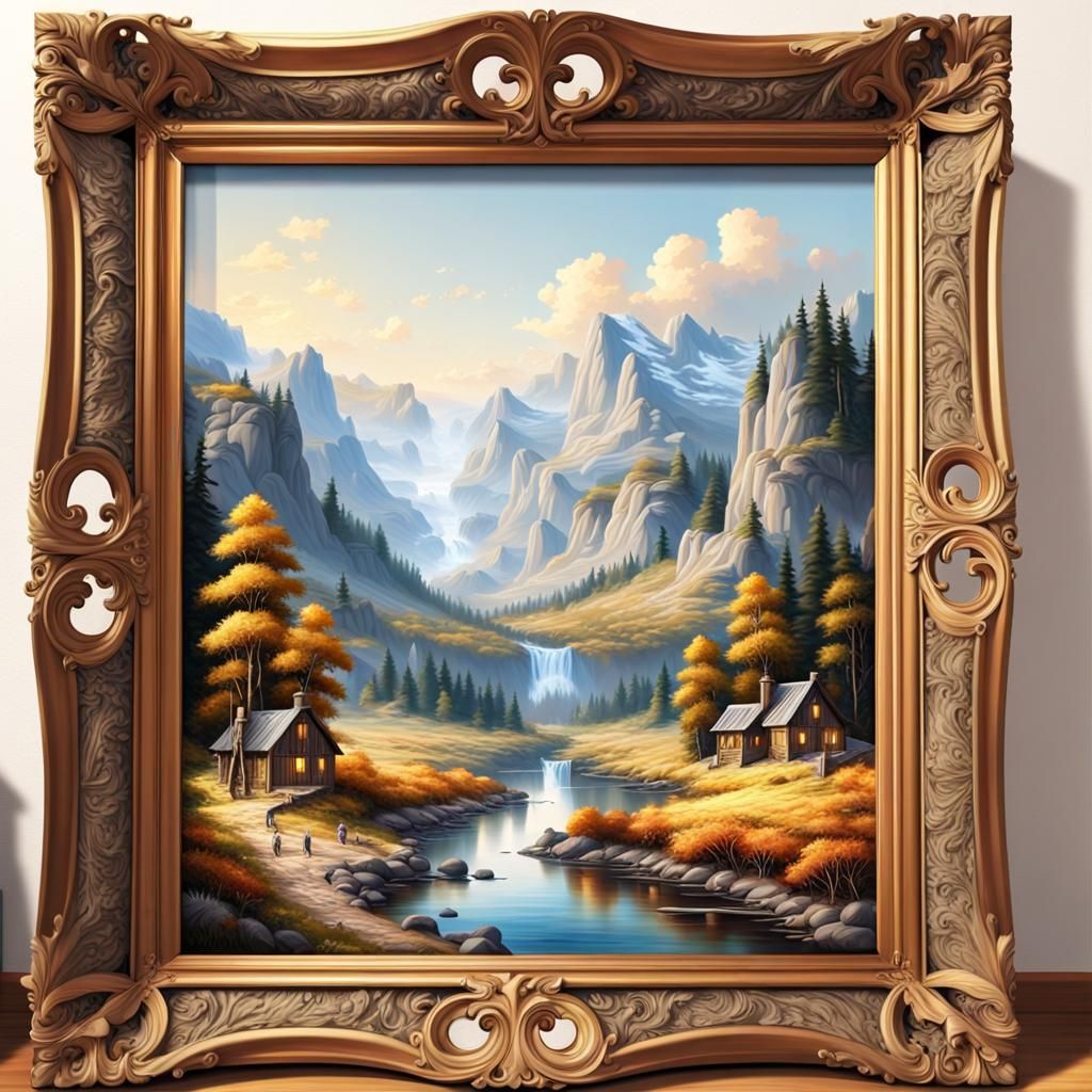 Hyperrealistic Landscape Painting in Ornate Frame