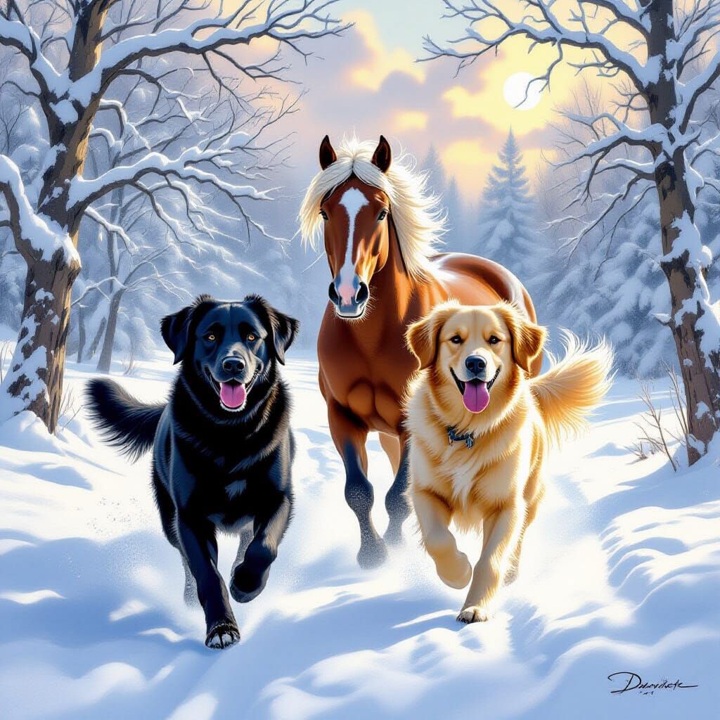 Dogs and Horse Gallop Through Ethereal Winter Landscape