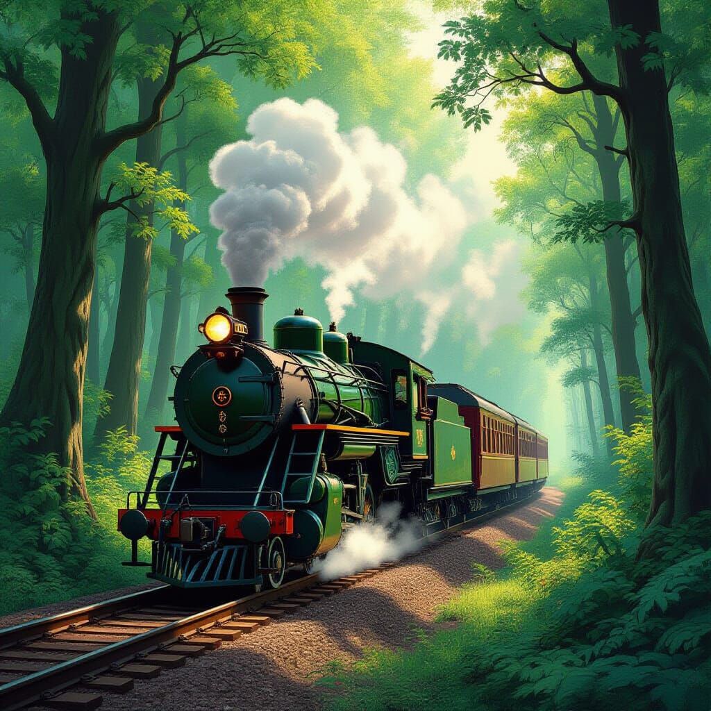 Art Nouveau Steam Train in Enchanted Forest
